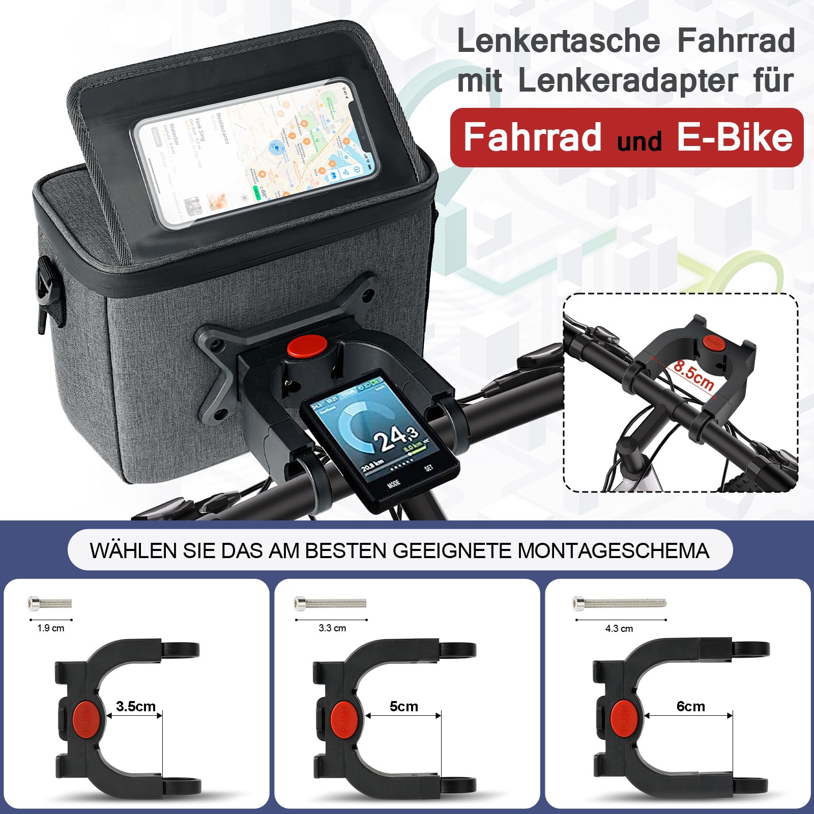 Borsa manubrio bici con adattatore per biciclette e bici elettriche, 5,2L borsa da bicicletta impermeabile con supporto per cellulare, touch screen, tracolla staccabile