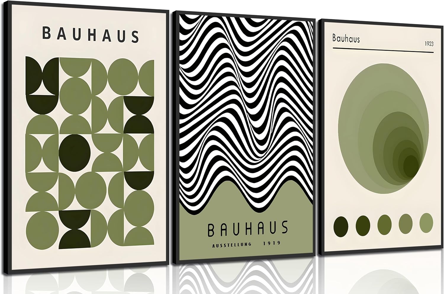 3Pcs Bauhaus Mid Century Modern Wall Art Bauhaus 1923 Posters Pictures Green Boho Abstract Geometric Canvas Prints Black Line Paintings for Living Room Bedroom Dining Room Wall Decor Unframed