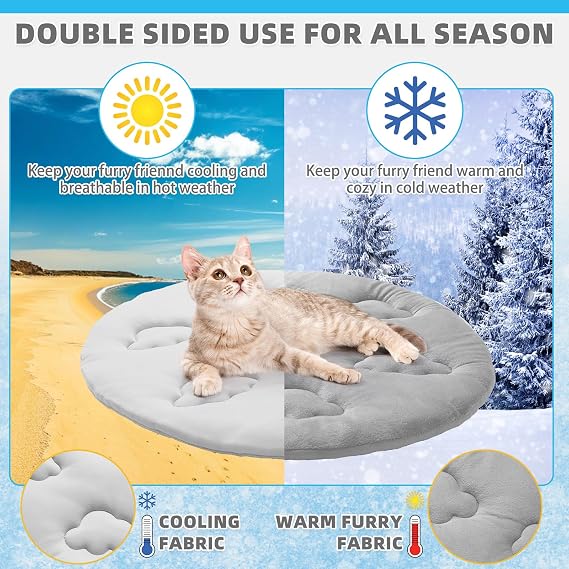 KOOLTAIL Cat Cooling Mat, Upgraded Two Sided Cooling Pad for Dogs Cats Puppy, Soft Summer Pet Sleeping Blanket Kennel to Keeping Cool, Washable Dog Mats for Crate Sofa Bed Outdoor, Round, Grey