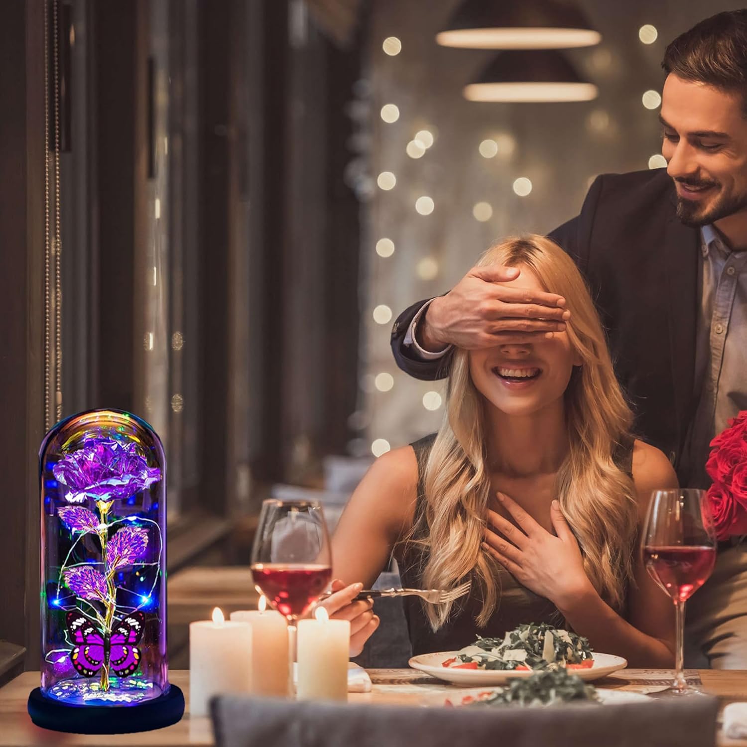 Thrjia Mothers Day Roses Flowers Gifts for Mom Women Wife Her,Mother Day Rose Gifts for Mom Women,Light Up Rose in A Glass Dome Butterfly Birthday Presents Wife Grandma from Daughter Purple Rose