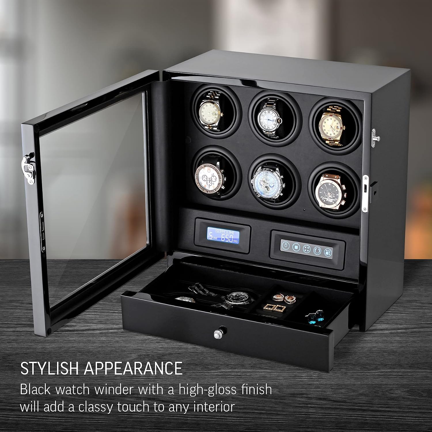 Automatic Watch Winder with LED Light, Storage Drawer and LCD Touchscreen Control