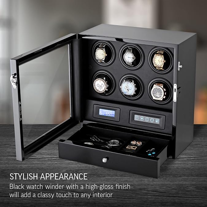 Automatic Watch Winder with LED Light, Storage Drawer and LCD Touchscreen Control