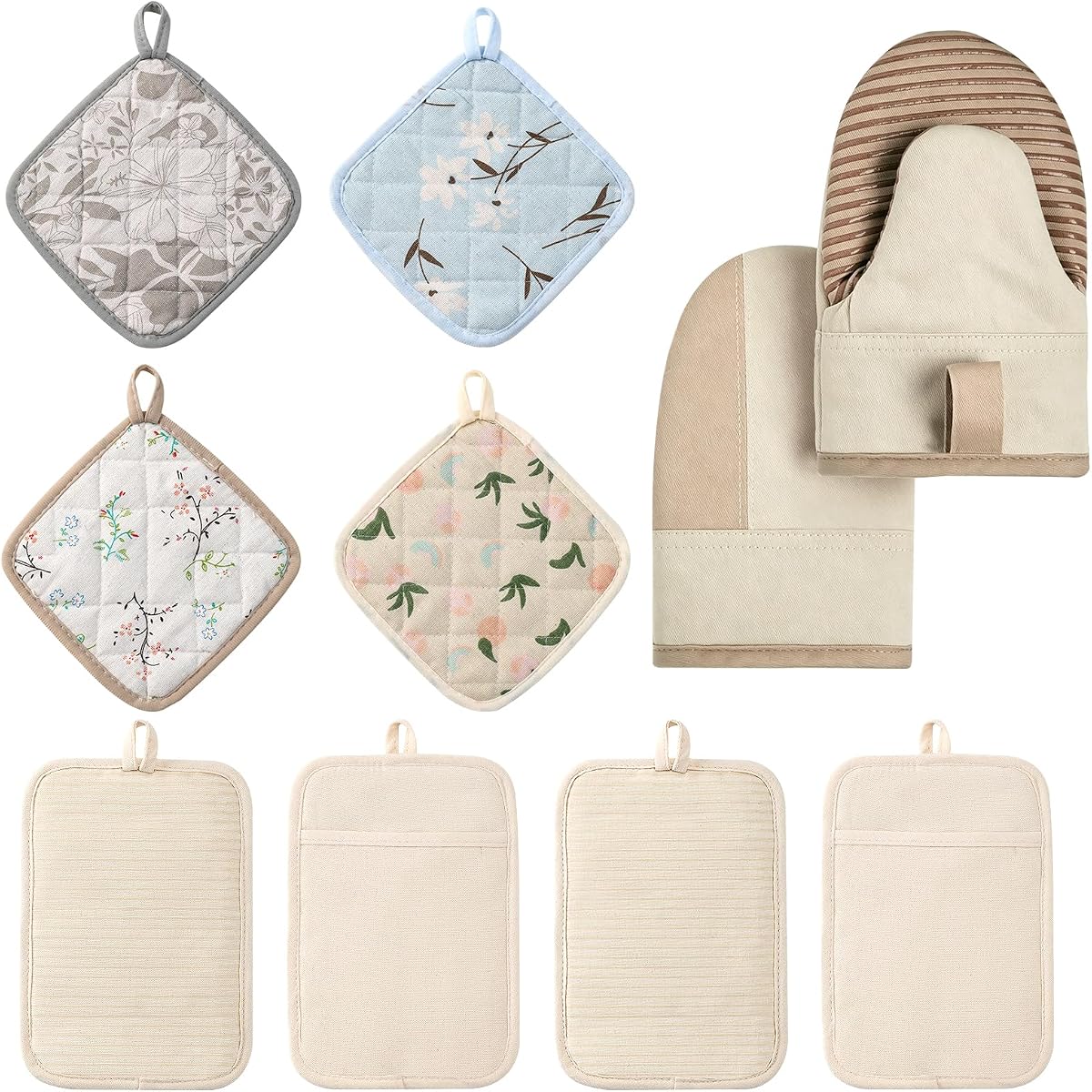 LEEPENK10 agarraderas para ollas de cocina resistentes al calor, 4 agarraderas beige con antideslizante y 4 agarraderas de patrón japonés, más 2 mini manoplas para horno, almohadillas calientes para cocinar platos calientes, agarraderas para ollas de cocina