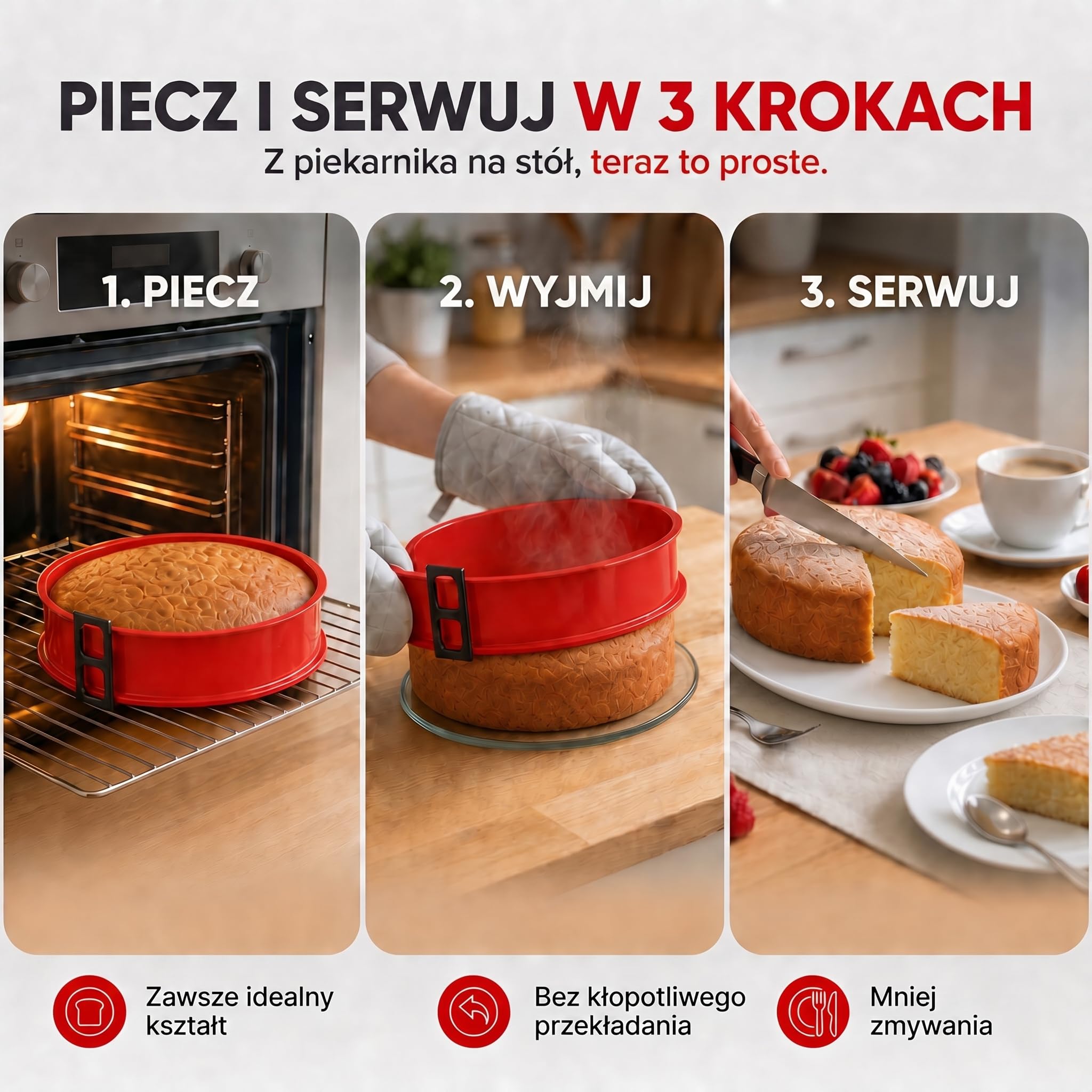 Silikonowa tortownica, nieprzywierająca forma do pieczenia ciast, Foremka silikonowa ze szklanym dnem (Czerwony)
