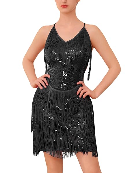 EFOGEP Abito latino da donna con paillettes, costume da ballo flapper, Nero , XL
