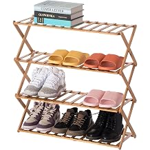 Basicwise Foldable Bamboo Shoe Rack and Storage Shelf Multi-Purpose Wooden Organizer for Entryway Closet or Living Room Space-Saving Stand for Shoes Slippers Plants Towels and Home Decor, 4-Tier