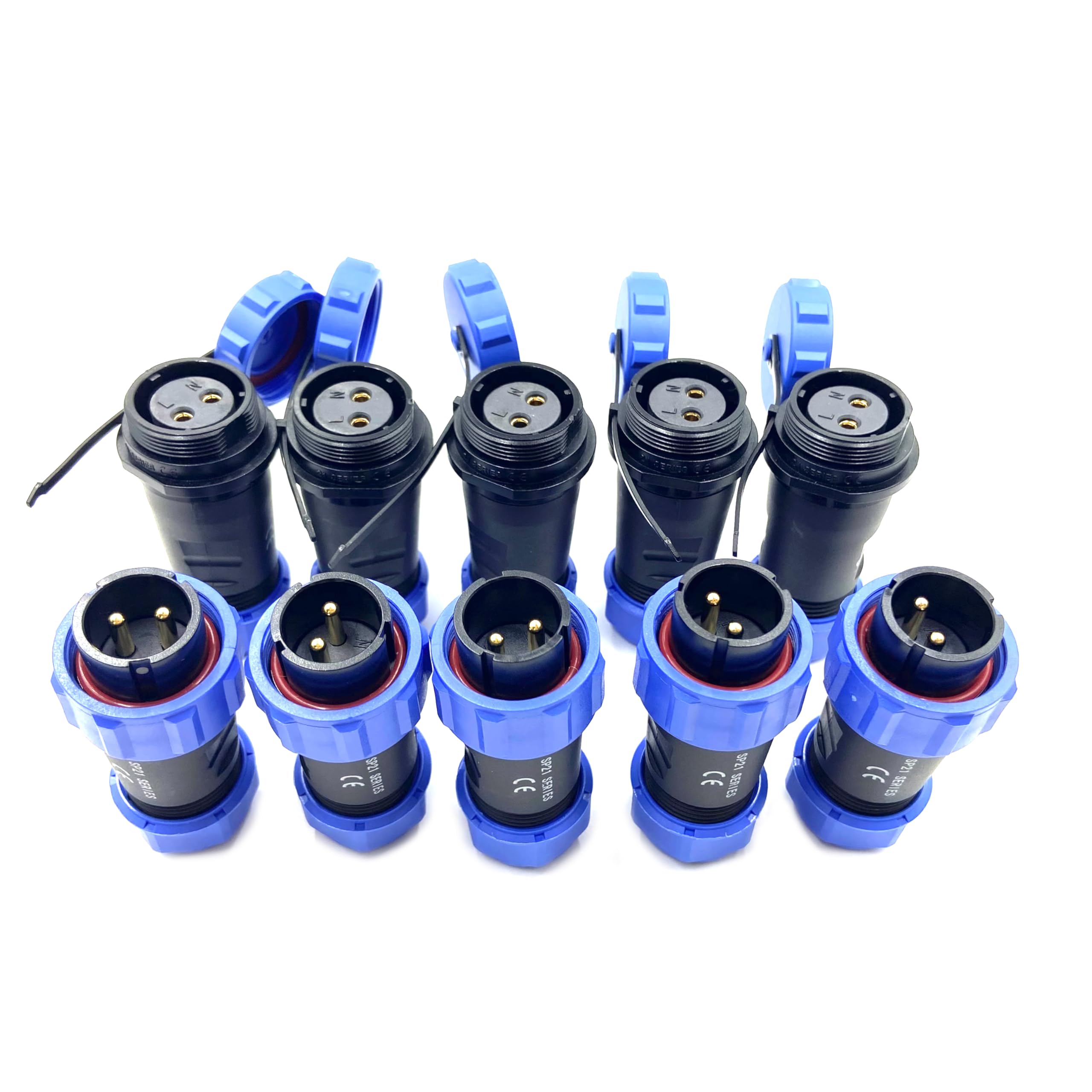 5 conectores de aviación SP21 de 2 pines, IP68 de 2 pines, sin soldadura, conector de aviación impermeable para lámparas exteriores, utiliza 500 V 30 A (cable de 12 AWG engarzado)