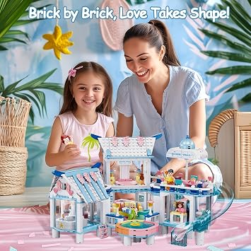 Friends Summer House Building Set for Girls 6-12, Girls Beach Villa Building Kit with 7 Minifigures, Compatible with Lego Friends for Girl Age 8-12, 938 PCS