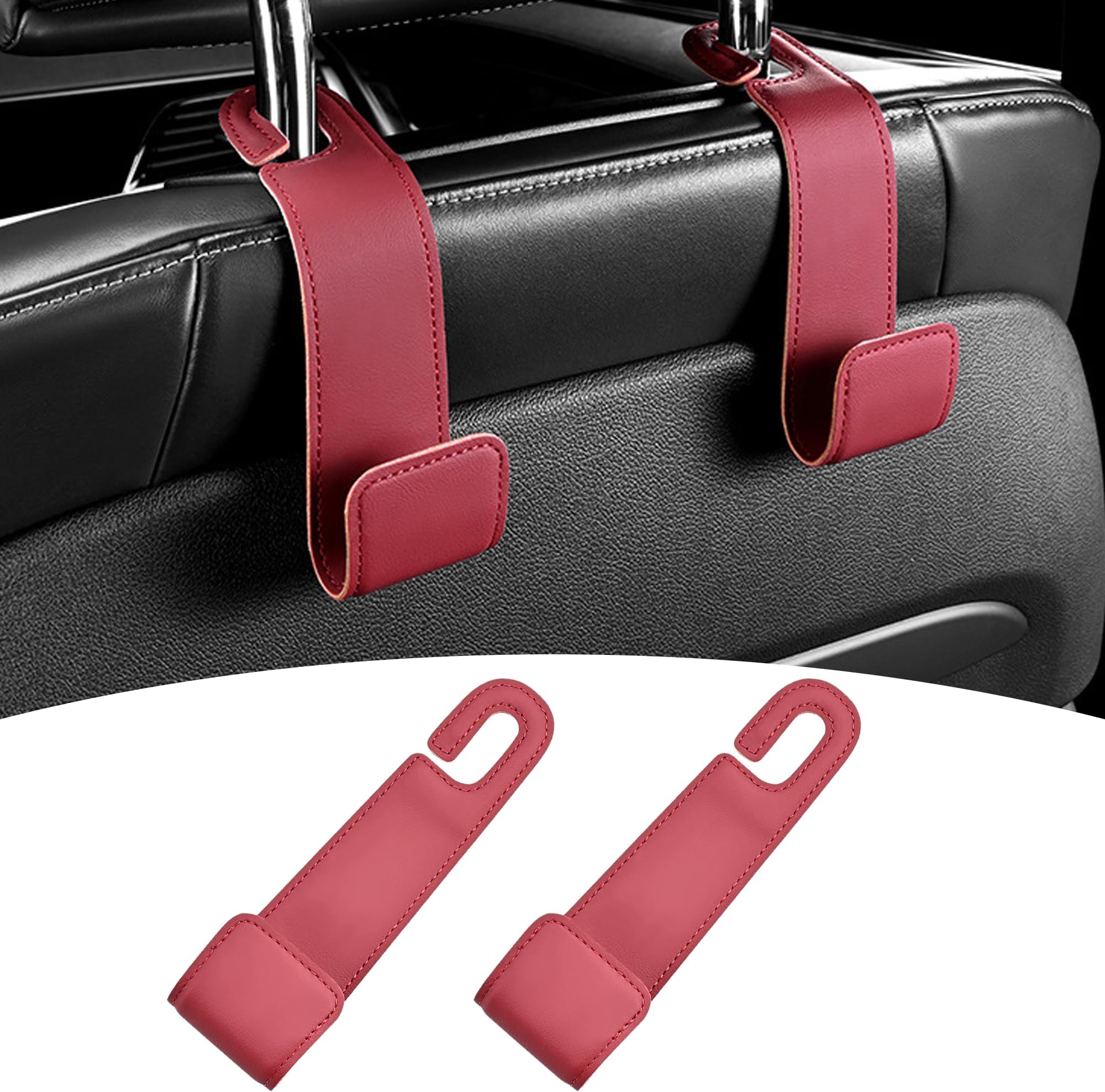 Alieemo 2PCS Car Seat Headrest Hook, Auto Seat Back Storage Hook Accessories, Leather Vehicle Seatback Organizer Hanger for Hanging Purses Bags Coats, Universal for SUV, Sedan, Truck (Red)