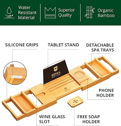 Miniatura 57 de Royal Craft - Bandeja de bambú para bañera con soporte para libro y vino Bambú Negro,Negro (plegable),Bambú carbonizado (marrón),Gris