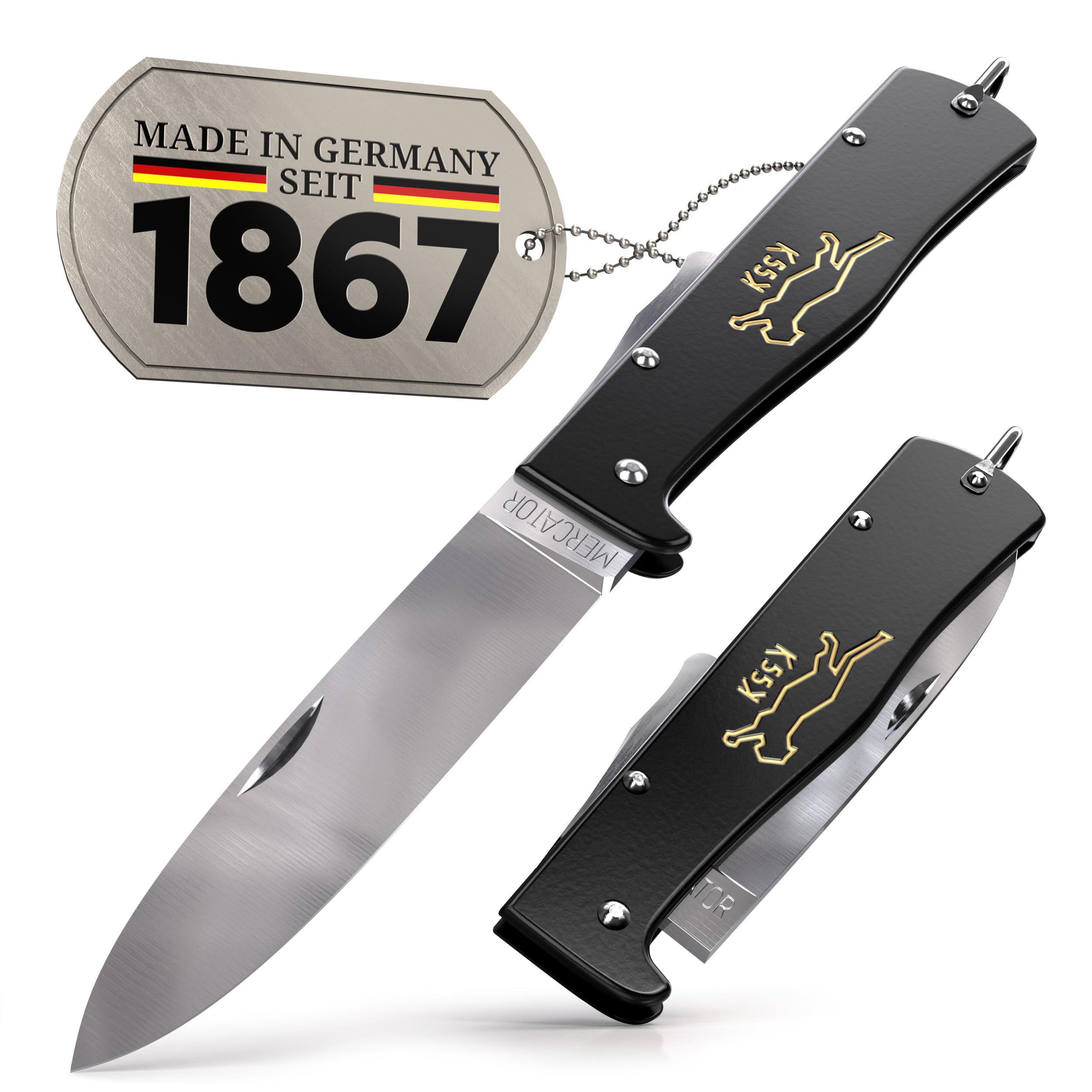 DIYexpert Outdoor-Messer MERCATOR K55K Katze | [Klinge Carbon] | Klappmesser Made in Germany | Ideal als Taschenmesser oder Jagdmesser