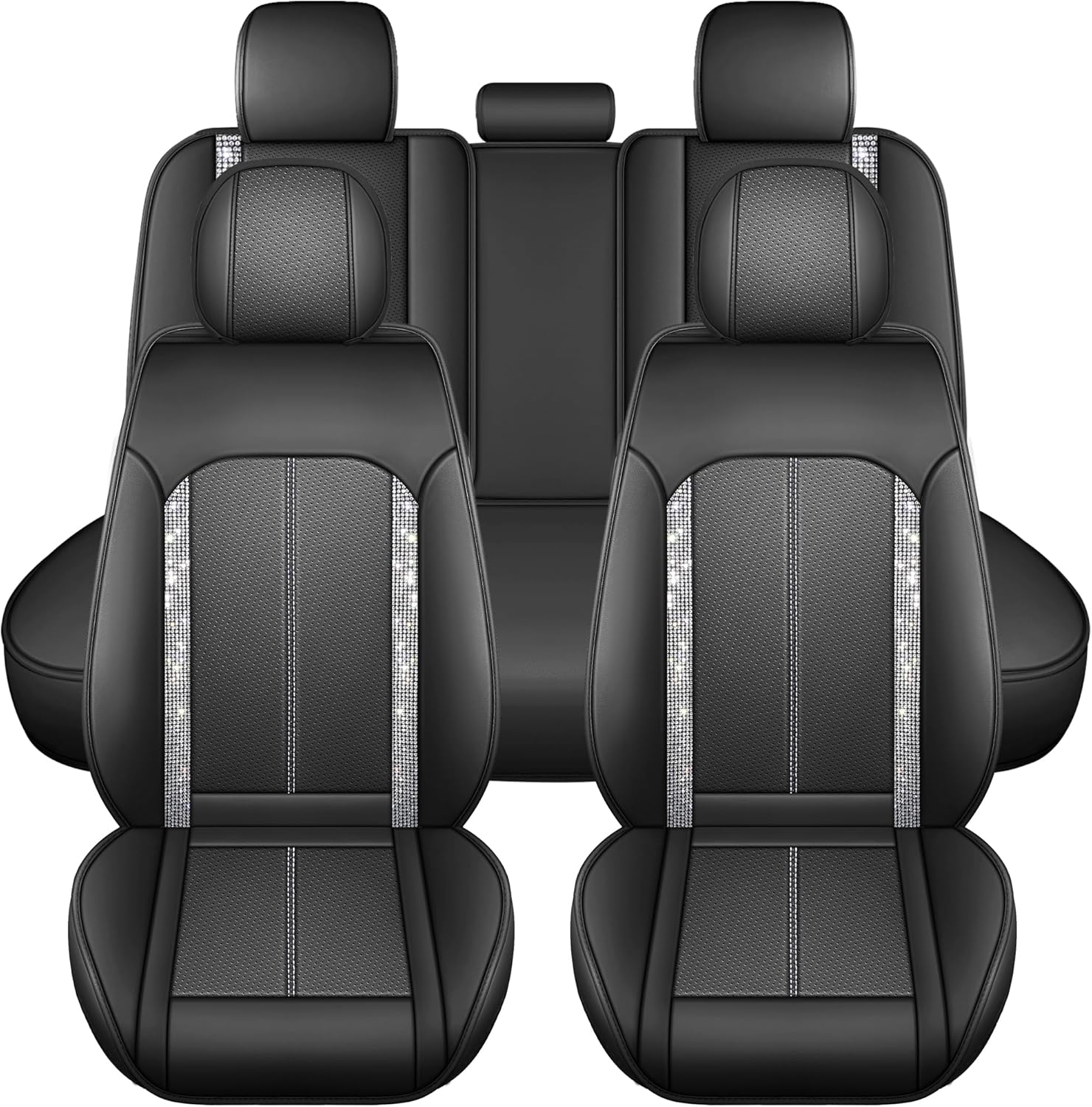 Car Seat Covers Full Set (5 Seats) Premium Nappa Leather Airbag Compatible Waterproof for Sedans SUVs Trucks Rhinestone Diamond Edge Protection Cyber Pink