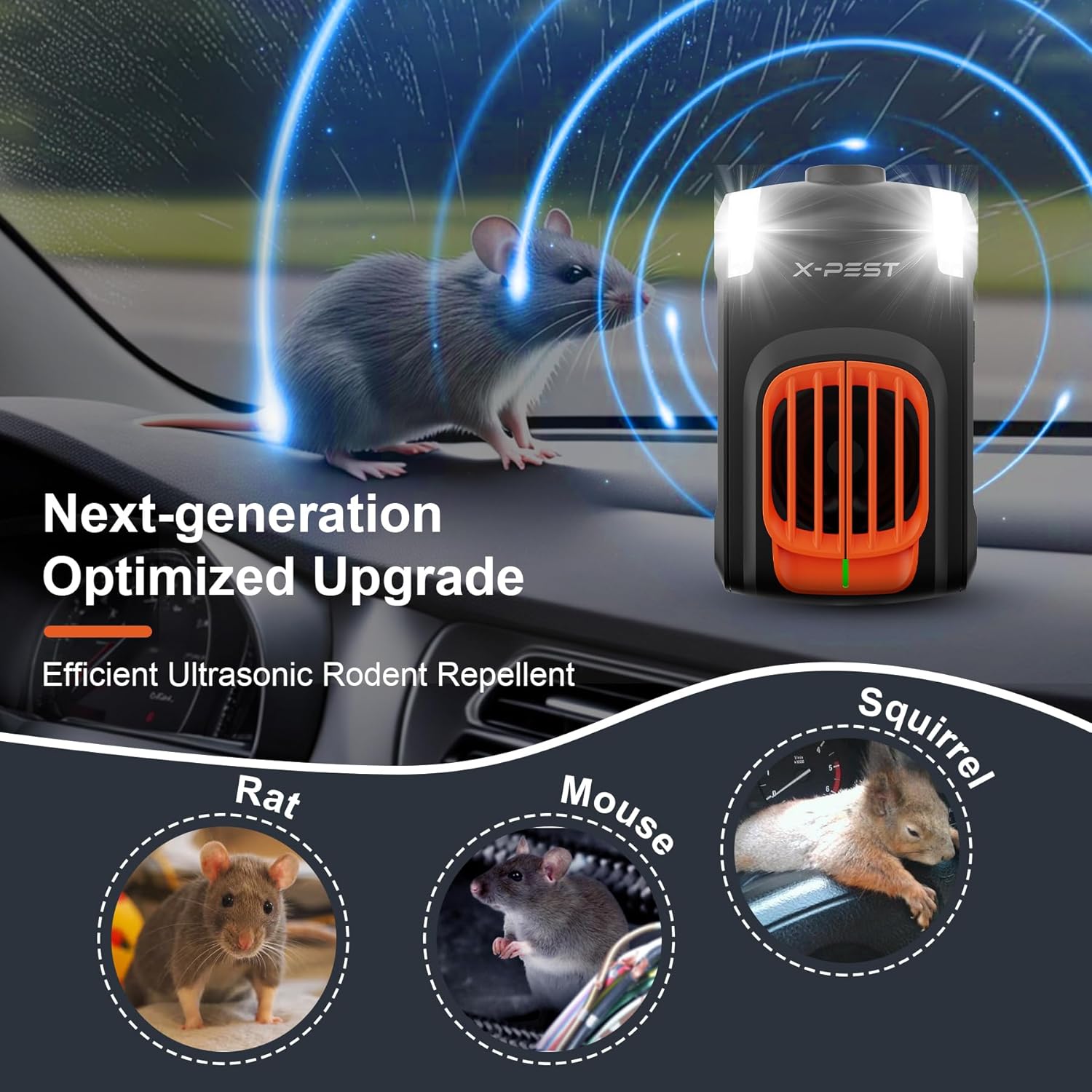 4 Packs Rodents Repellent for Car Engines, Battery Powered Rodent Repellent Ultrasonic Under Hood Animal Repeller, Pest Control with Ultrasonic Wave and LED Flashlight, Rats Mice Squirrels - Image 2