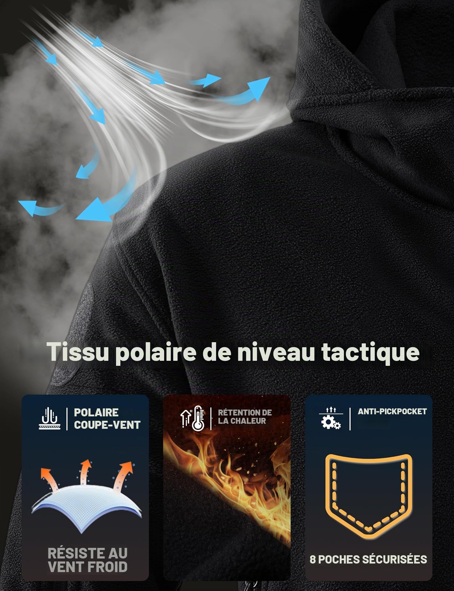 TACVASEN Veste Polaire Homme Veste Tactique Homme à Capuche Zippée Coupe-Vent de Militaire Camping Randonnée Chasse Manteaux d'hiver avec Poches Zippées