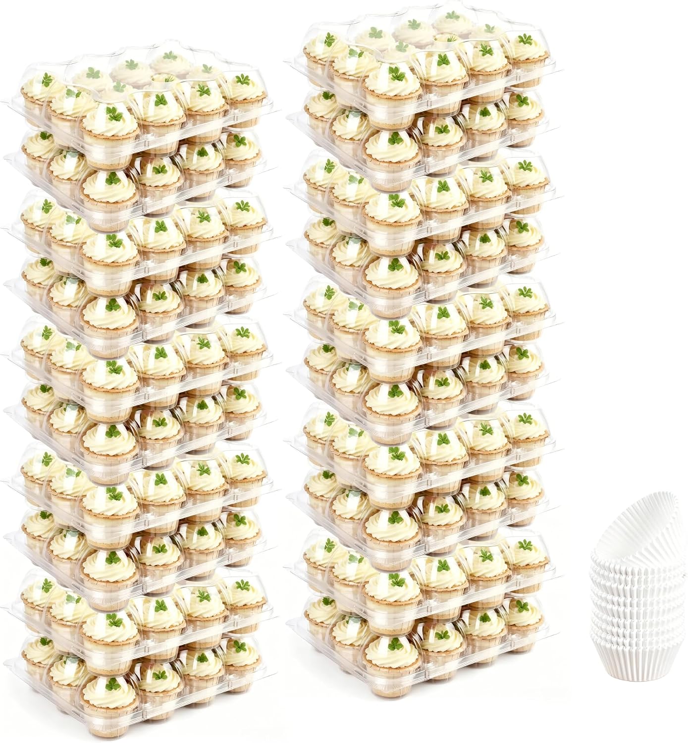 Laoha 20 Pack Stackable Cupcake Carriers – Each Holds 12 Cupcakes with Tall Dome Lids, Includes 240 Disposable Paper Liners, Clear Plastic Containers for Baking & Transport, Reusable/Disposable Trays