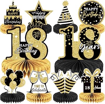 12Pcs 18th Birthday Honeycomb Centerpieces Decorations | Black Gold Happy 18th Birthday Table Toppers Decor, 3D 18th Birthday Party Supplies,Double-sided 18th Birthday Party Favors
