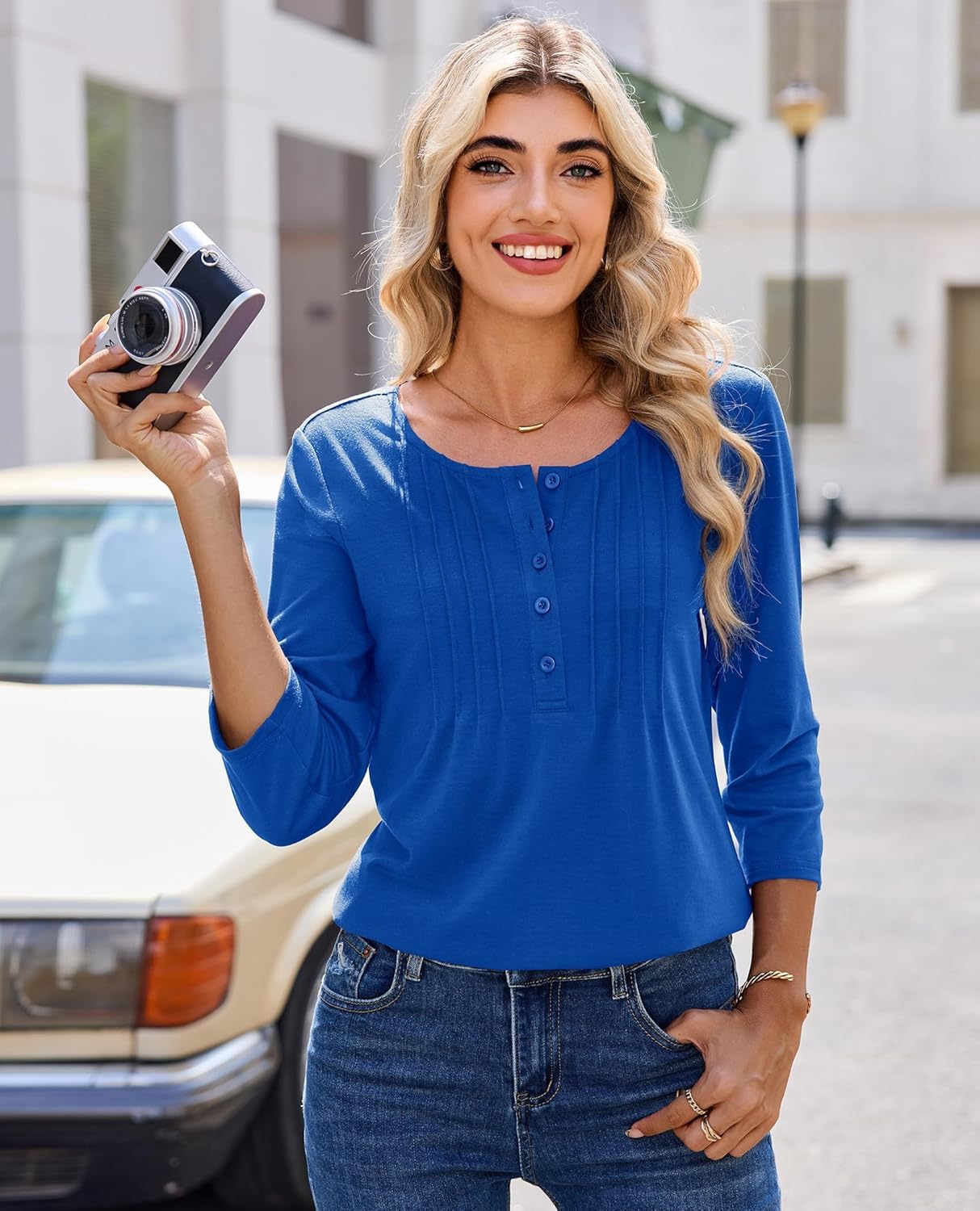 Henley Shirts for Women Button Down 3/4 Sleeve Tops Pleated V Neck Blouses Dressy Casual Basic Tunic Trendy Outfits - Image 2