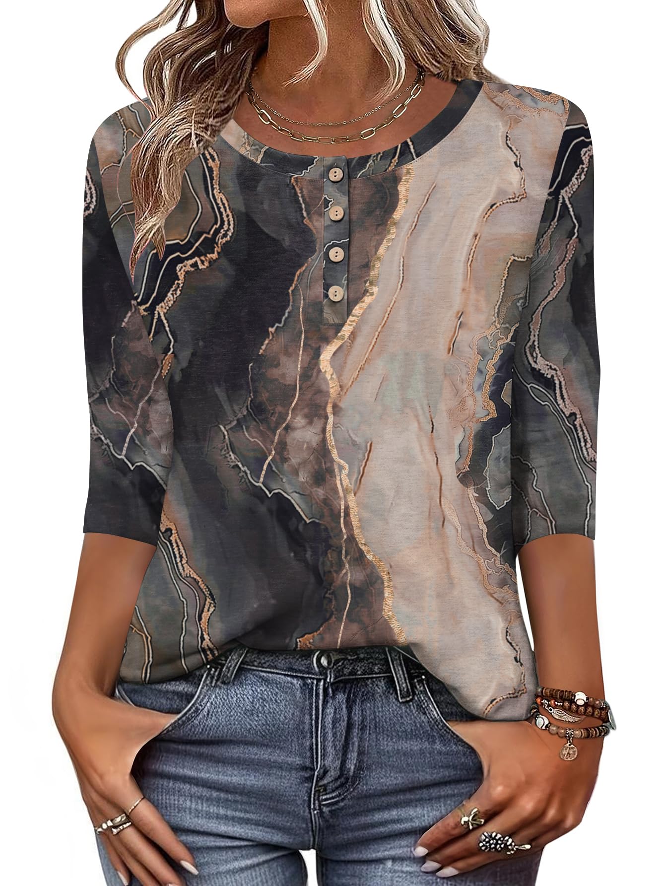 Zeagoo 3/4 Length Sleeve Women Tops Crew Neck Blouses Dressy Casual Summer T Shirts Loose Fit Business Work Clothes