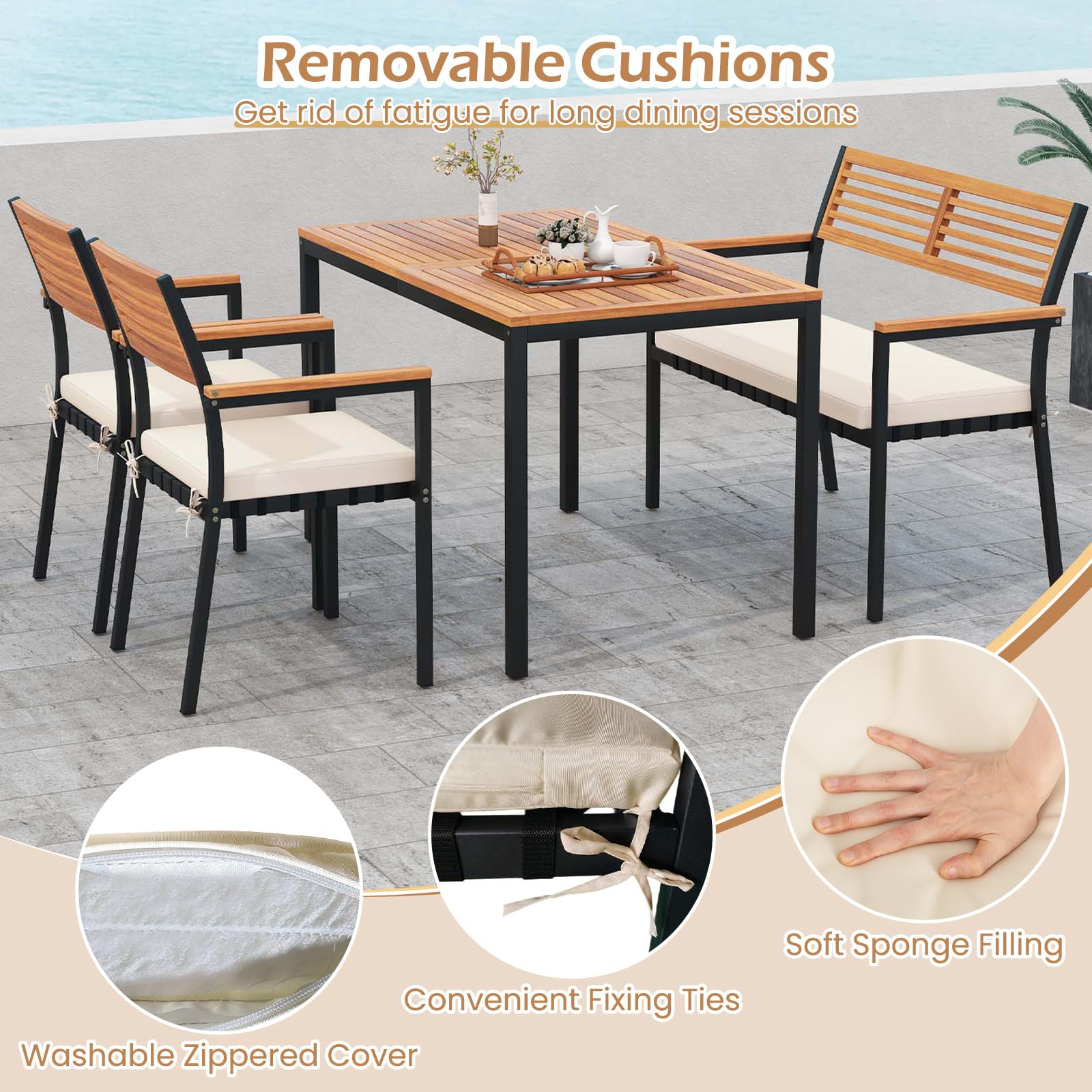 KOMFOTTEU 4-teiliges Gartenmöbel Set aus Akazienholz & Metall, Sitzgruppe für 4 Personen, Balkonmöbel mit Tisch, Bank & 2 Stühlen, Essgruppe mit Sitzkissen und Sonnenschirmloch, für Garten & Balkon