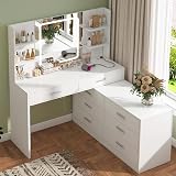 TEENFON Grande Coiffeuse, Coiffeuse avec Miroir LED et Prise, 3 Modes de Couleur, Luminosité Réglable，Blanc，8 Tiroirs et 6 étagères - 1
