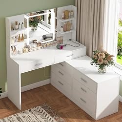 TEENFON Grande Coiffeuse, Coiffeuse avec Miroir LED et Pr…