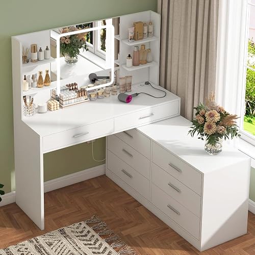 TEENFON Grande Coiffeuse, Coiffeuse avec Miroir LED et Pr… - 1