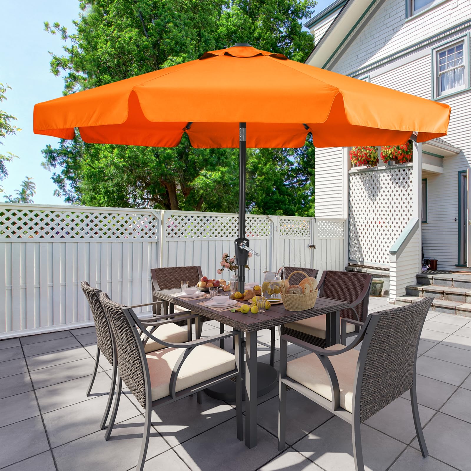MASTERCANOPY Sombrilla de patio de 9 pies con cenefa, manivela e inclinación, color naranja | 8 varillas, resistentes a los rayos UV/decoloración, impermeable, ventilación, para jardín, terraza, patio, piscina