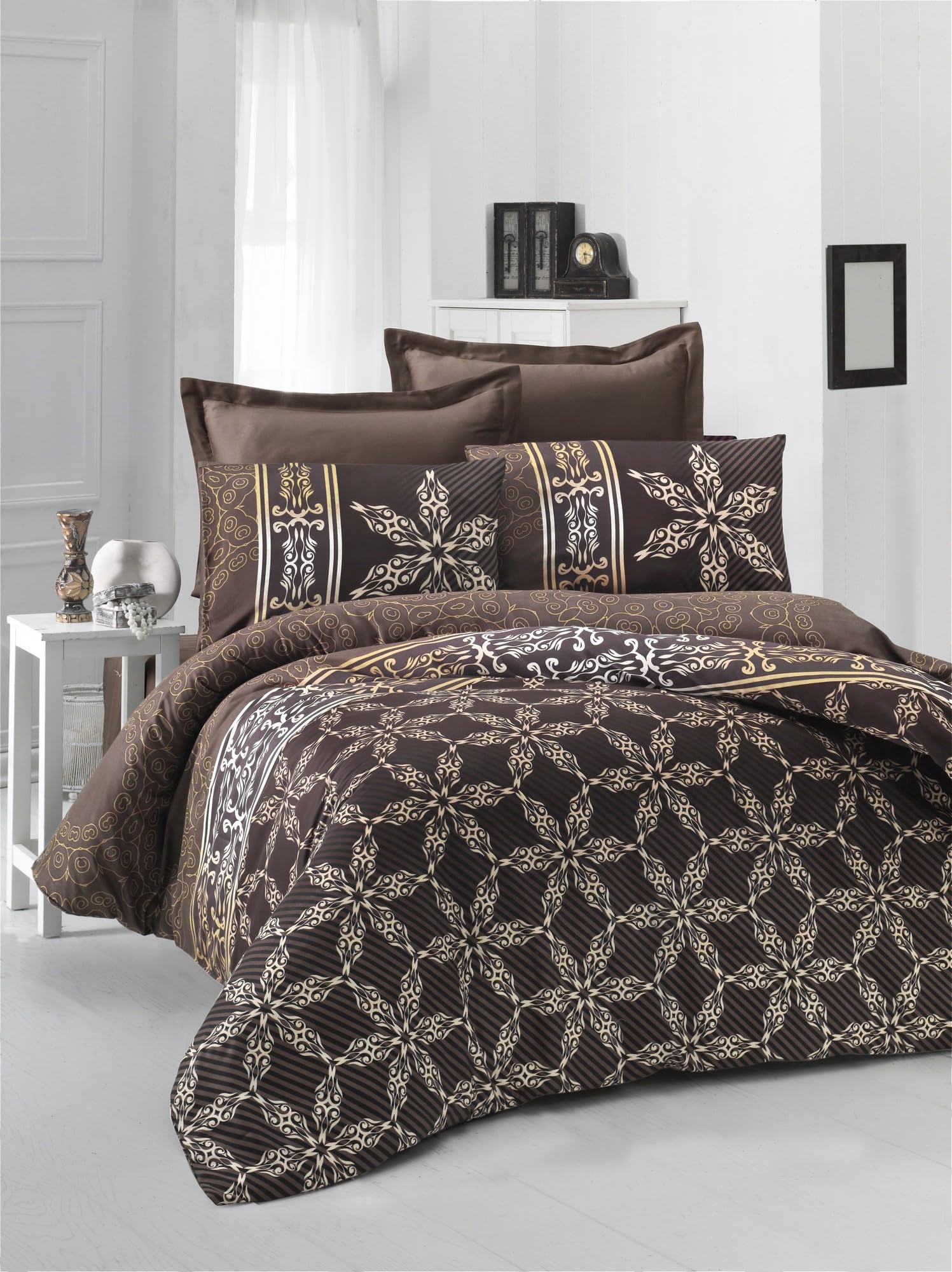 Nuit Des Rêves Luxurious Satin Single XL Quilt Cover Set, 155 x 200 cm, 100% Cotton, Machine Washable, Brown/White/Yellow, Soft & Elegant Bedding for Cosy Sleep