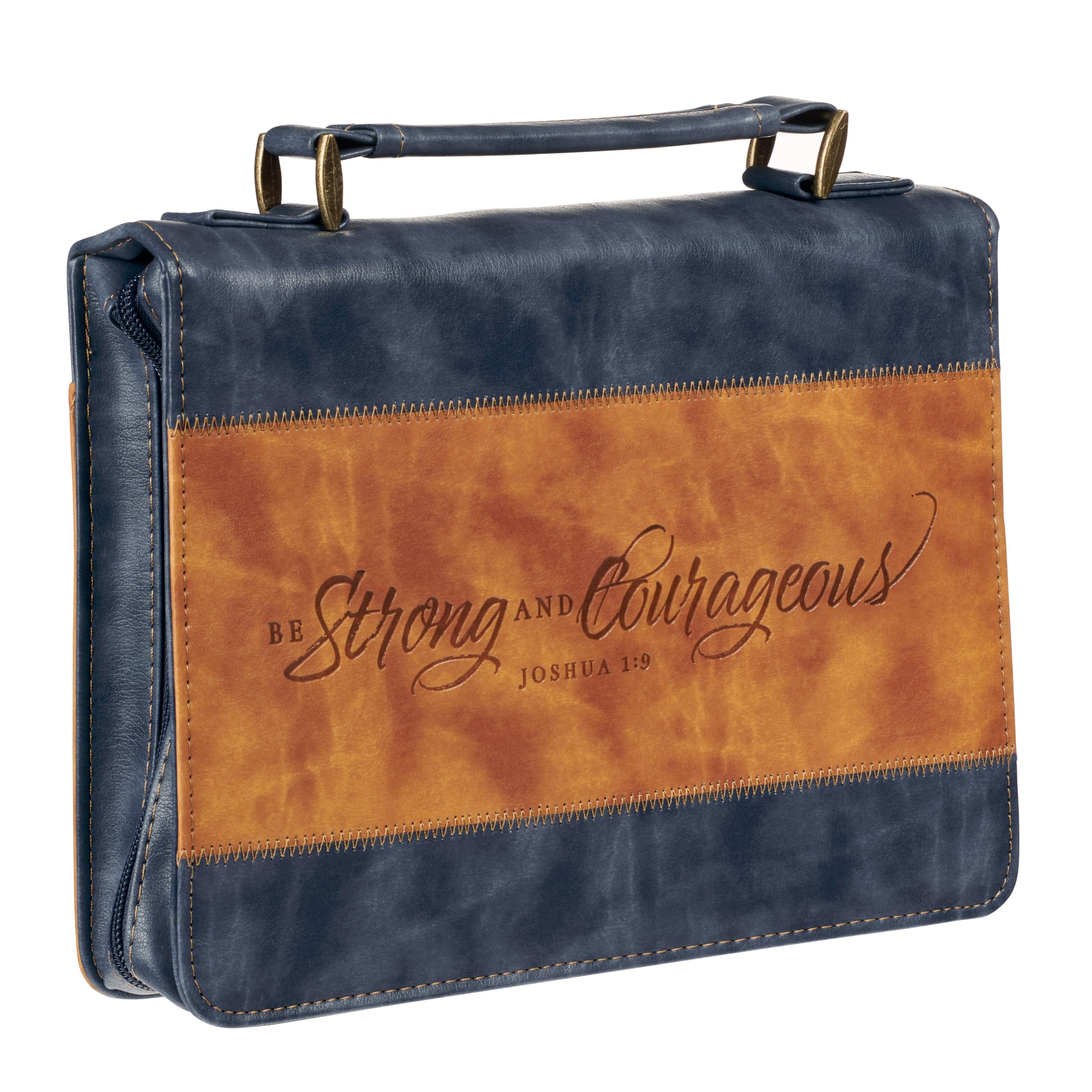 Christian Art Gifts Funda clásica de cuero vegano para hombres: fuerte y valiente, versículo bíblico inspirador, resistente y fácil de transportar con trabillas para bolígrafos, azul marino y marrón,