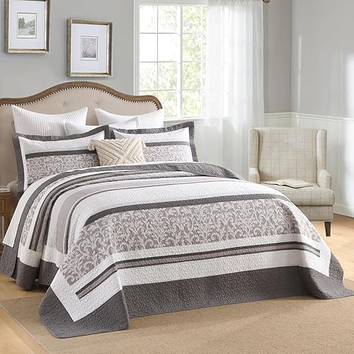 Miniatura 11 de Juego de cama de gran tamaño para King de estilo granja 128x120, 100% algodón, juego de edredón con fundas, patrón botánico a rayas, juego de cama