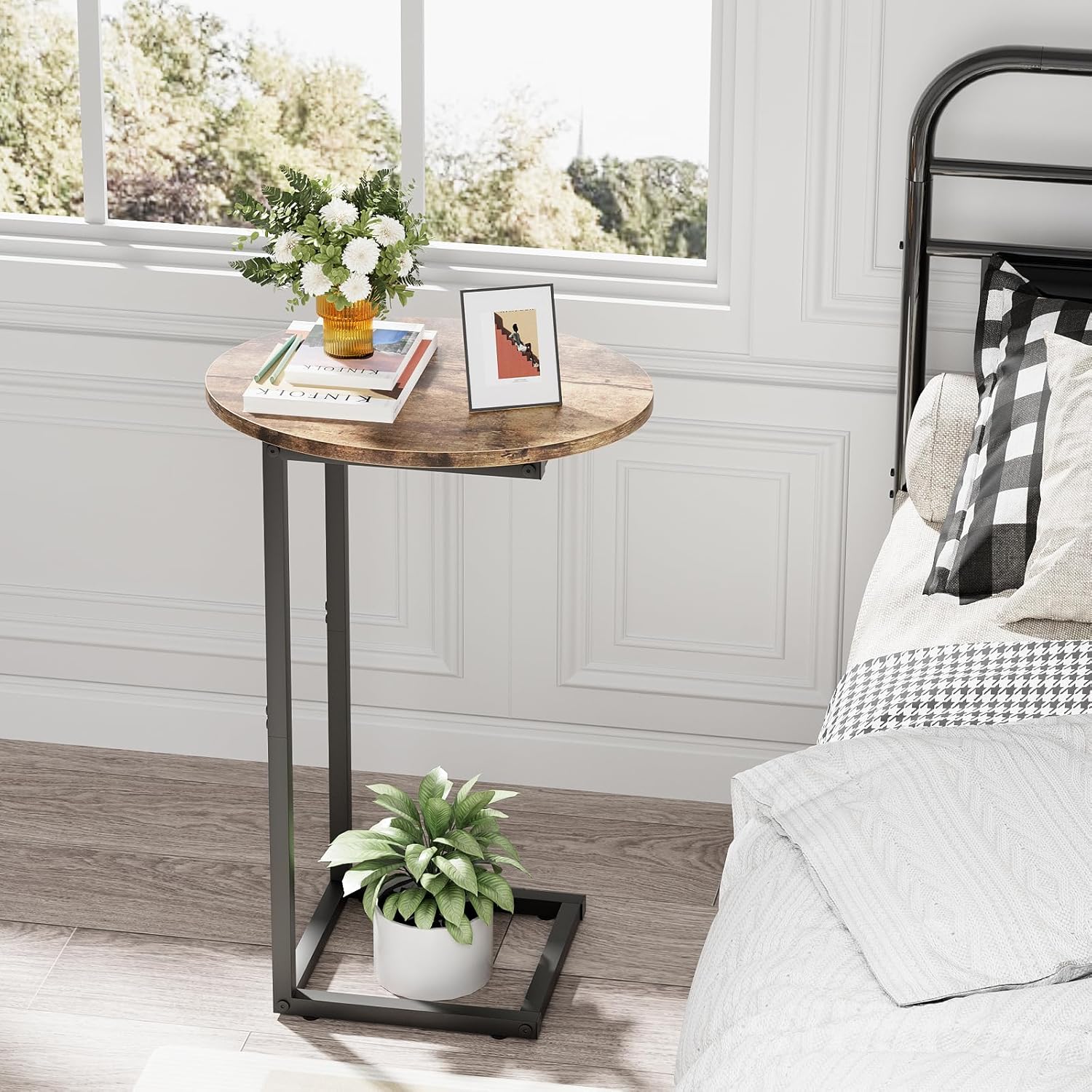 C Shaped End Table,Oval Couch Sofa Side Table for Bed Slide Under Couch, Wood Small Round Snack Table with Metal Frame, TV Tray Table for Small Space, Living Room,Easy Assembly(Brown)
