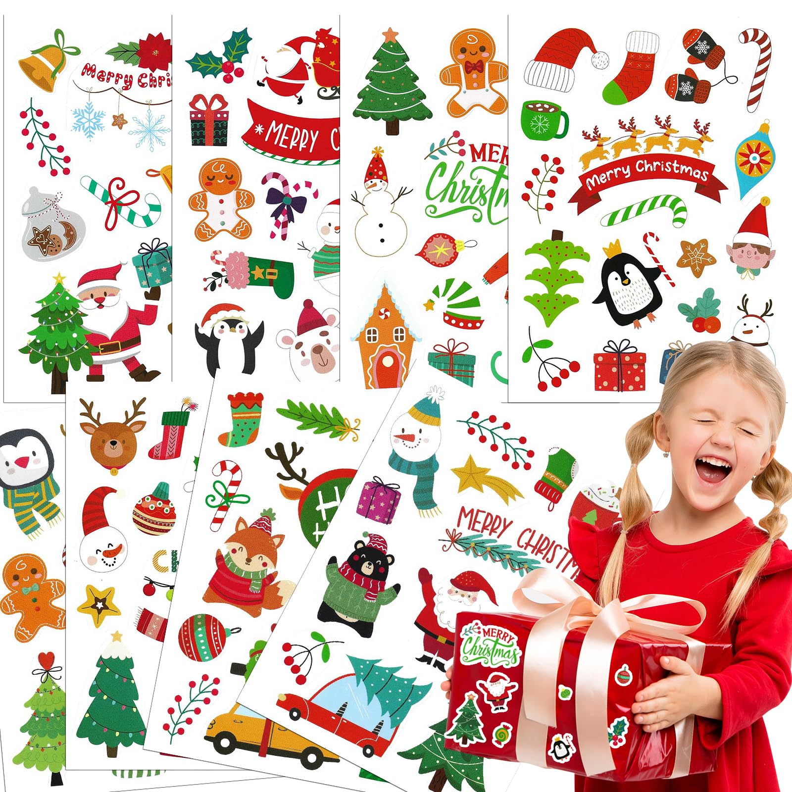 FLOFIA 500pz Adesivi Natalizi (Dia. 4cm) Etichette Adesive Natalizie Rotonde Adesivi per Festa di Natale JOYEUX NOËL