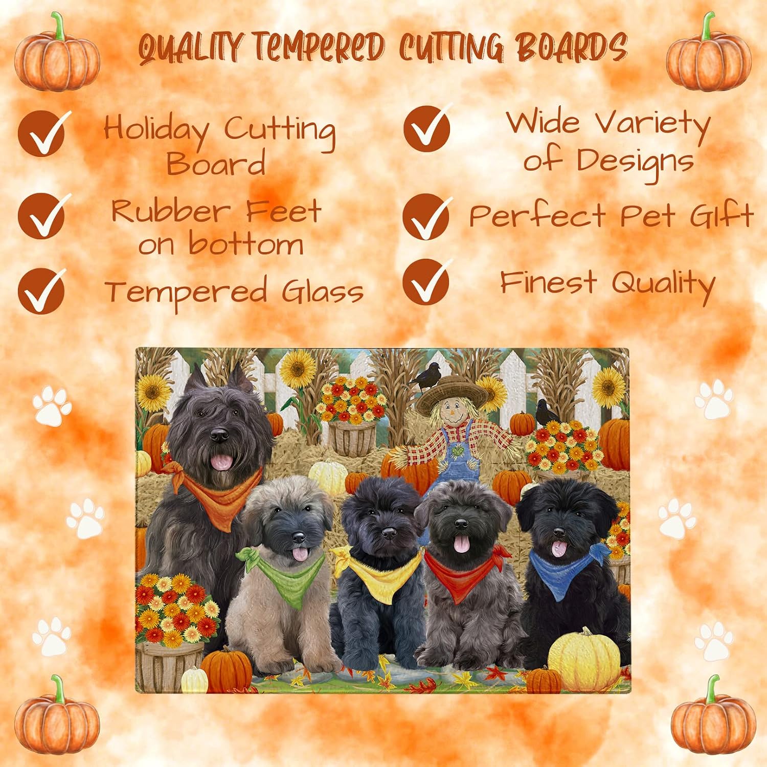 Fall Festival Gathering Bouviers des Flandres Dogs Cutting Board For Kitchen - Scratch & Stain Resistant - Designed To Stay In Place - Perfect for Chopping Meats, Vegetables - 12" x 8"