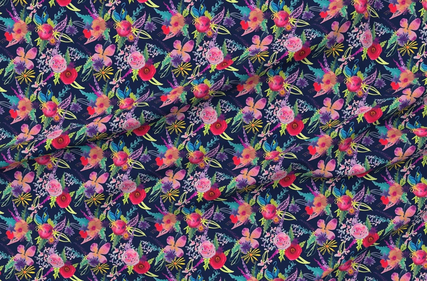 Spoonflower Fabric - Summer Navy Blue Floral Hot Pink Flowers Girl Print Neon Colors Printed on Petal Signature Cotton Fabric Fat Quarter - Sewing Quilting Apparel Crafts Decor