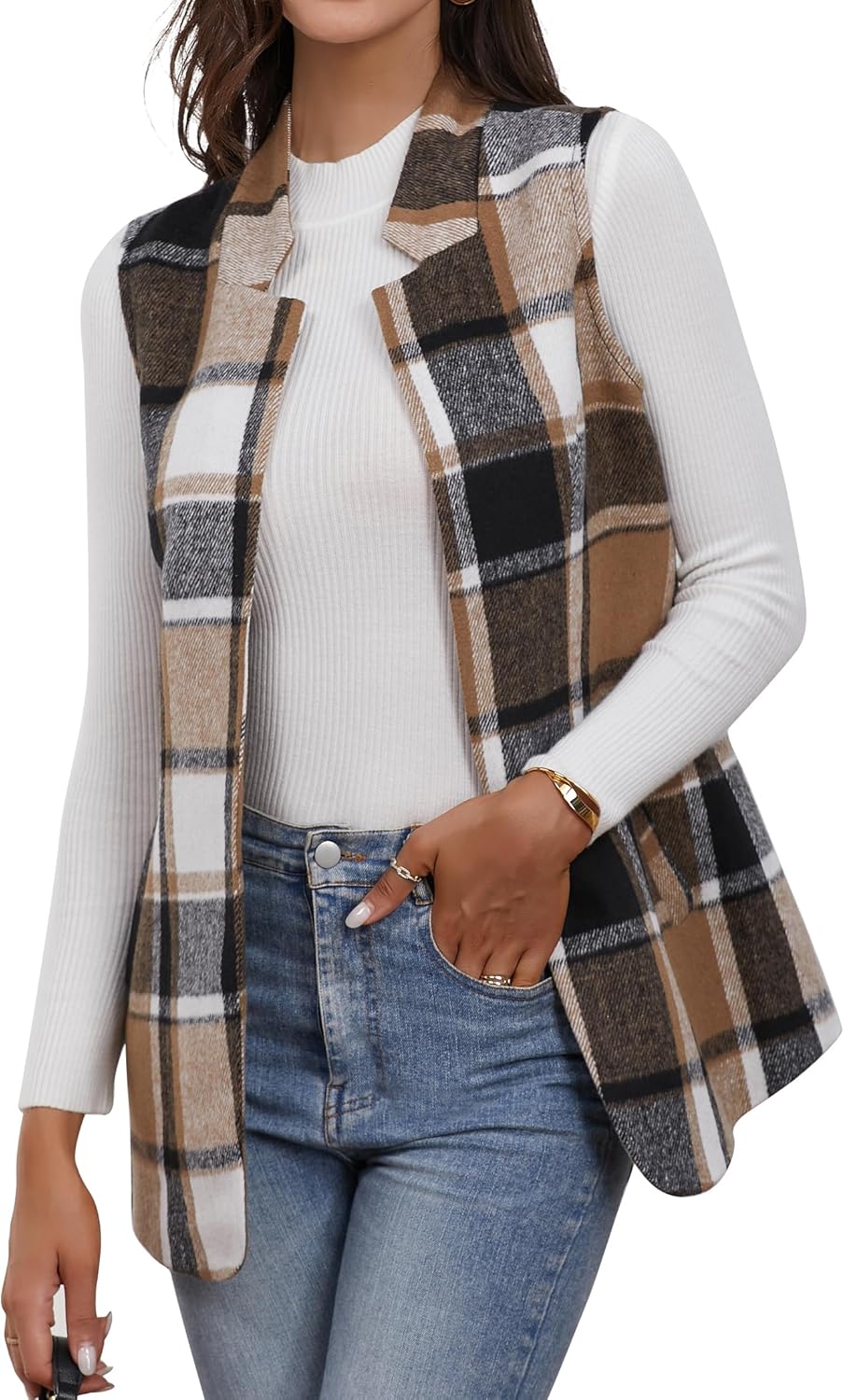 IDEALSANXUN Wool Plaid Vest for Women 2025 Fall Winter Sleeveless Blazer Jackets Trench Coat Casual Outwear Open Front Cardigan Top, Brown, S