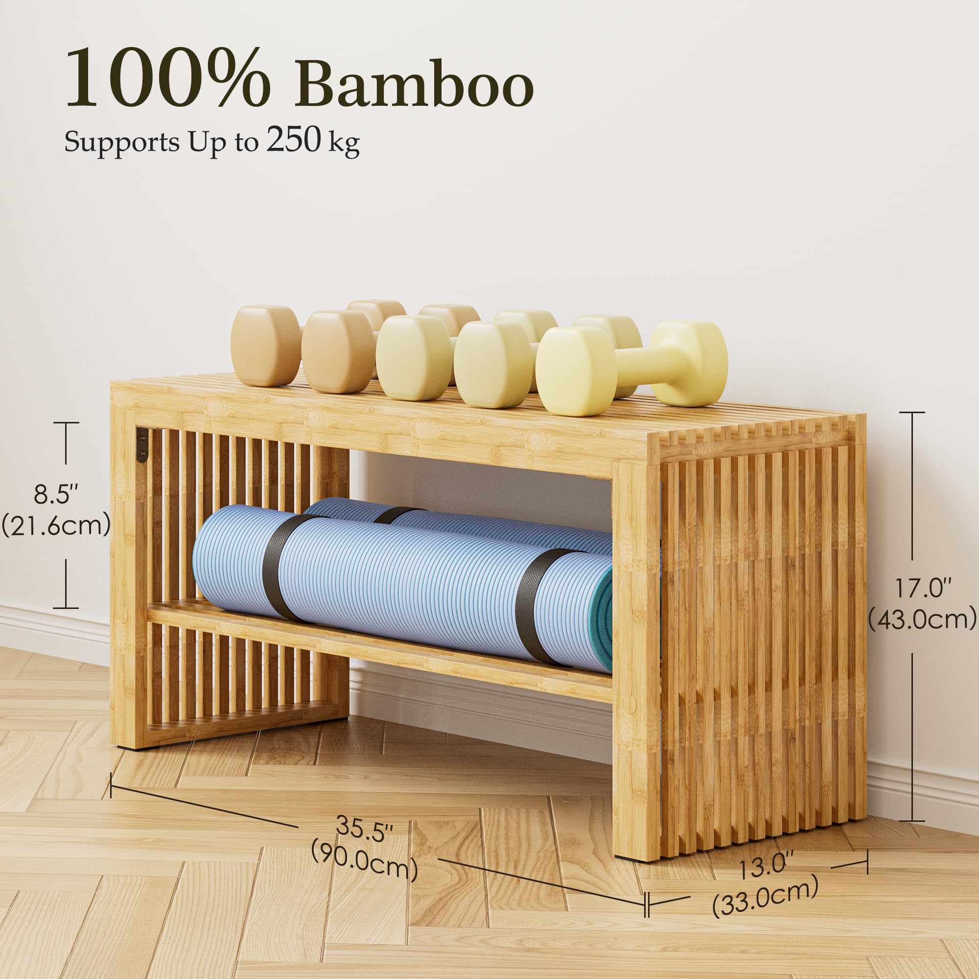 HEYZOEY Schuhbank aus Bambus mit Schuhablage, Sitzbank für Flur und Eingangsbereich, Schuhregal mit Sitzfläche, rutschfest & belastbar bis 250 kg, 90×33×43 cm,Schlafzimmer & Badezimmer((Bambus-Natur)