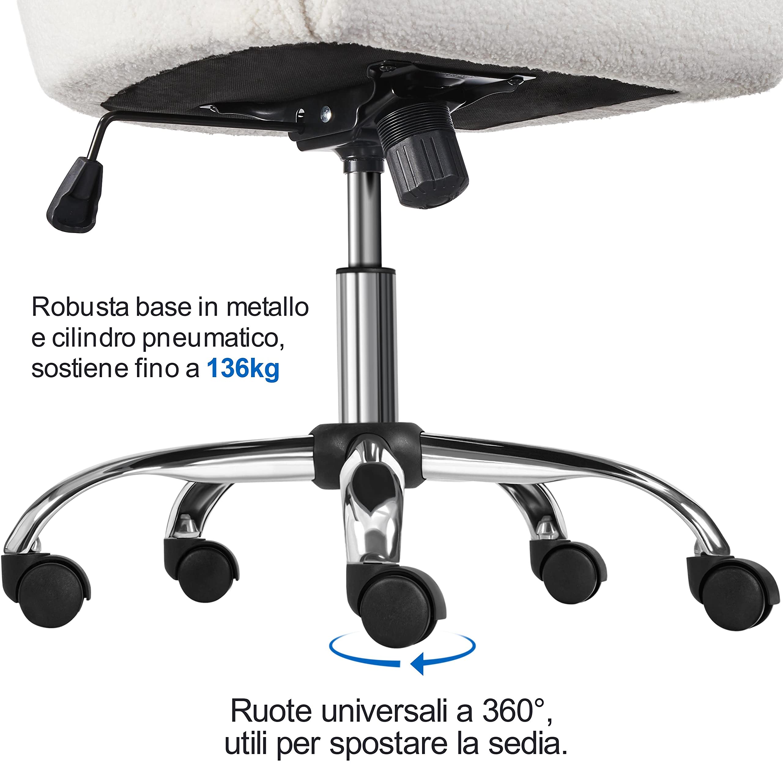 Yaheetech Sedia Scrivania Ergonomica Poltroncina Ufficio in Bouclé | Altezza Regolabile, con Braccioli, Girevole a 360°, Reclinabile 20°, Portata 136 kg, Avorio