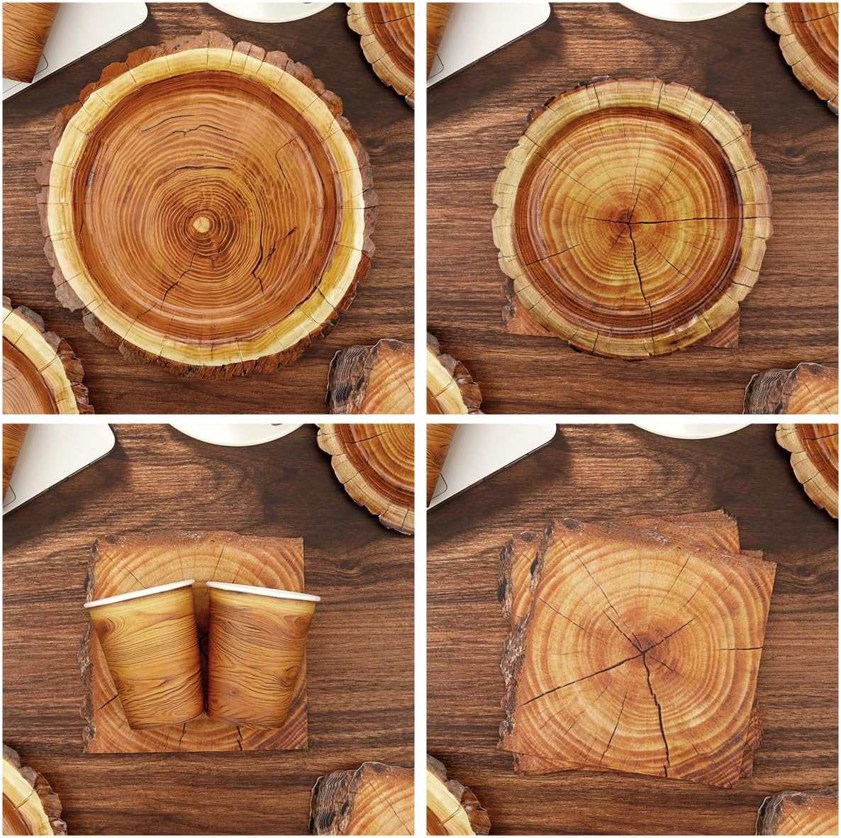 175 Pieces Camping Wood Grain Slice Tableware Set Rustic Wood Party Decorations Plates Napkins Cups Knives Fork Spoon for Hunting Birthday Party Decorations Serve 25 Guests