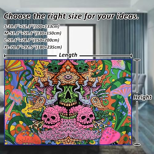 Miniatura 7 de Leofanger - Tapiz estético de calavera con luz negra, para colgar en la pared, reactivo a los rayos UV, colorido, hippie, para decoración del hogar