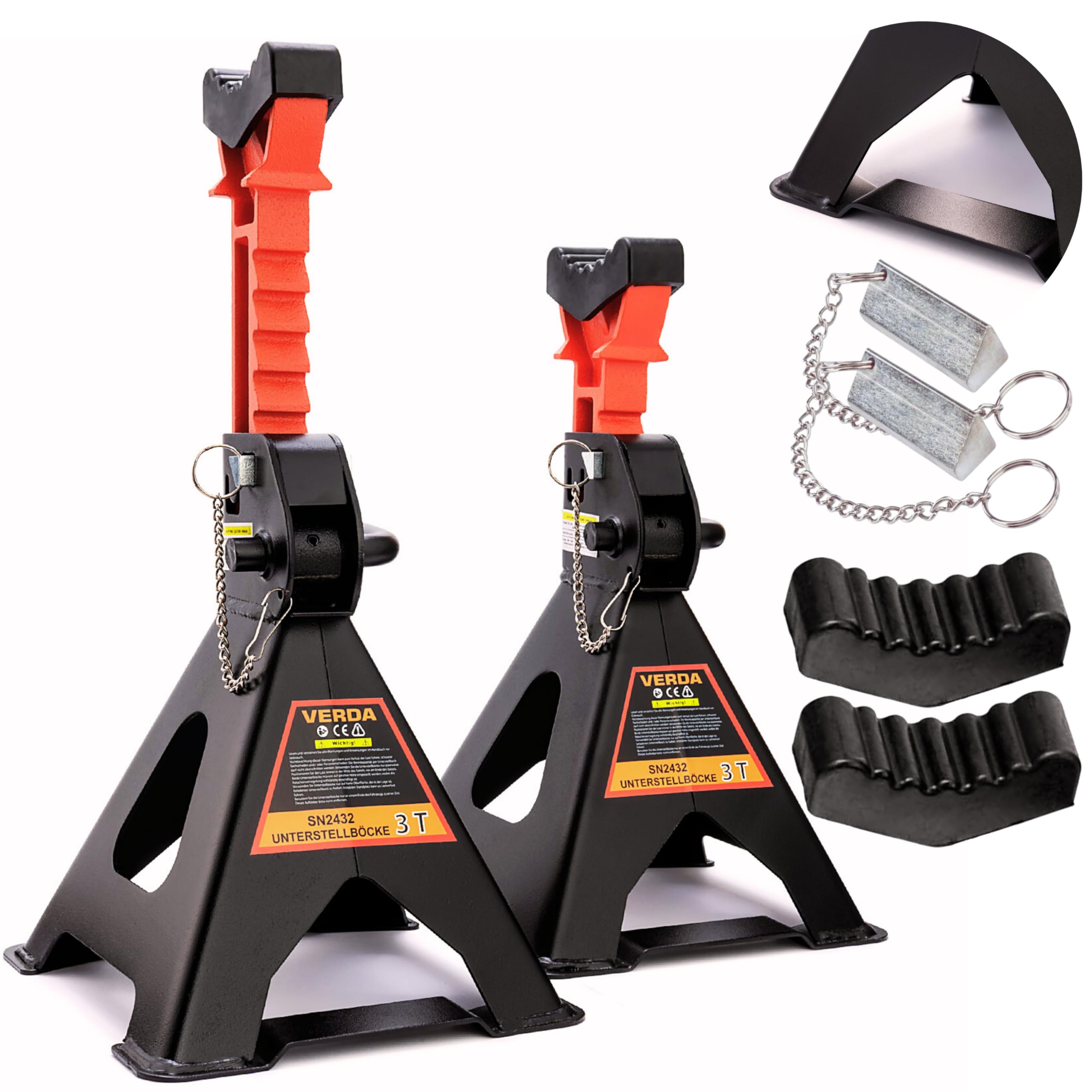 Verda Unterstellböcke 3T, 295-425 mm, VERSTÄRKT 10 stufige, Stützböcke Wagenheber Ständer Wagenbock Werkstattstände Profi Reifenwechsel Abstellbock Auto PKW Wohnmobil(1 Paar mit Sicherung 3T)