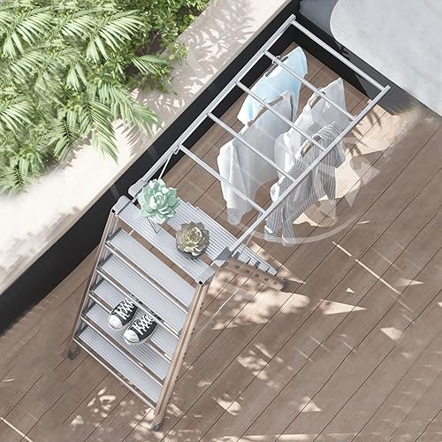 Miniatura 5 de SKIITOON Escurridor de escalera multifuncional grande, estante de secado de aluminio, estante de secado plegable portátil que ahorra espacio,