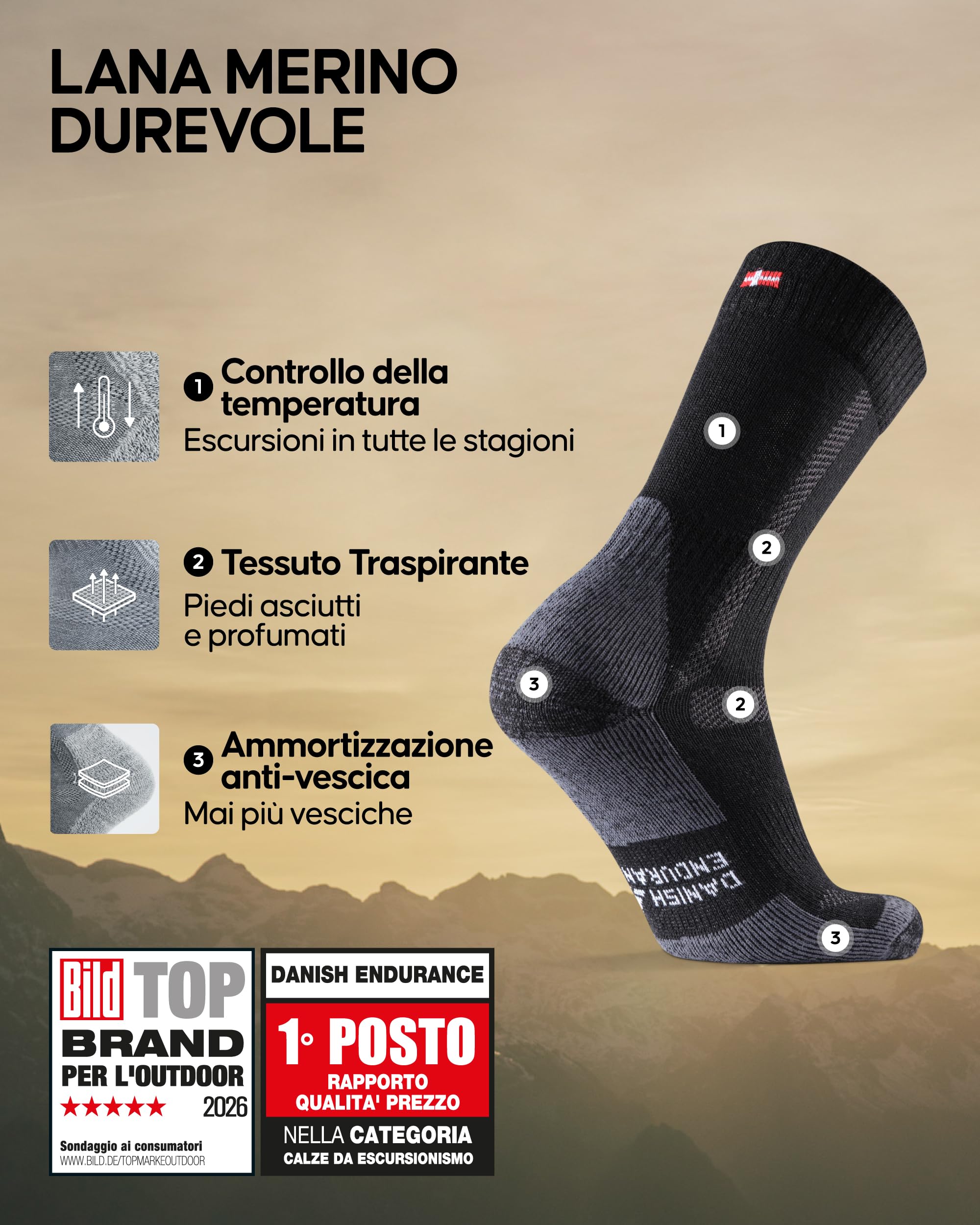 DANISH ENDURANCE Calze Trekking in Lana Merino, Anti-Vesciche, Calzini Escursionismo da Uomo, Donna, Bambino, 3 Paia