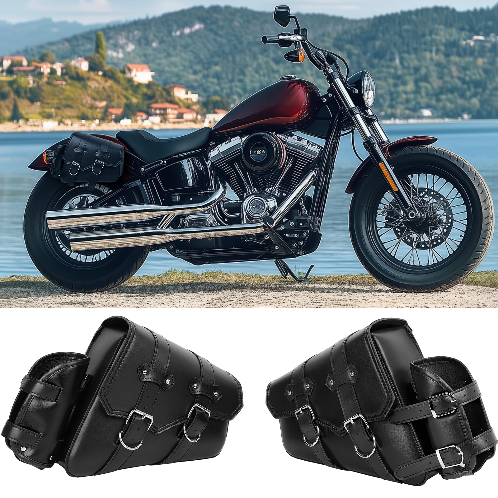 DREAMIZER 1 Paar Motorrad Satteltaschen Schwarz Seitliche Aufbewahrung Links und Rechts Getränkehalter PU-Leder Motorradtasche Kompatibel mit Harley Sportster XL883 Softail Dyna V-Star Shadow