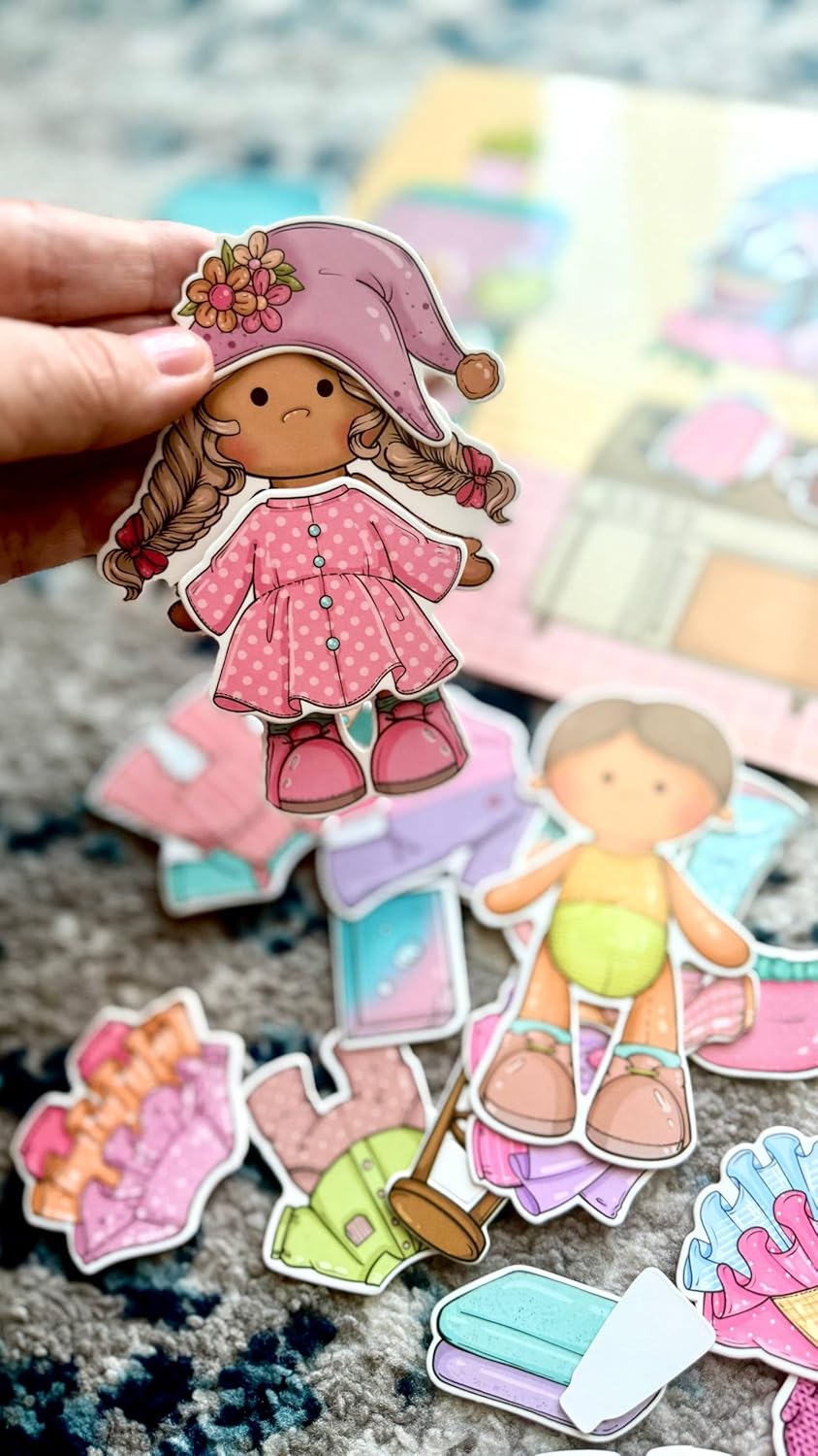 Spring Acorn Paper Doll Set – Out House with 2 Dolls & Accessories – Reusable Clothes – Creative Dress-Up Play (21×21cm Book, 10 cm/3.9 in Dolls) (Pink)