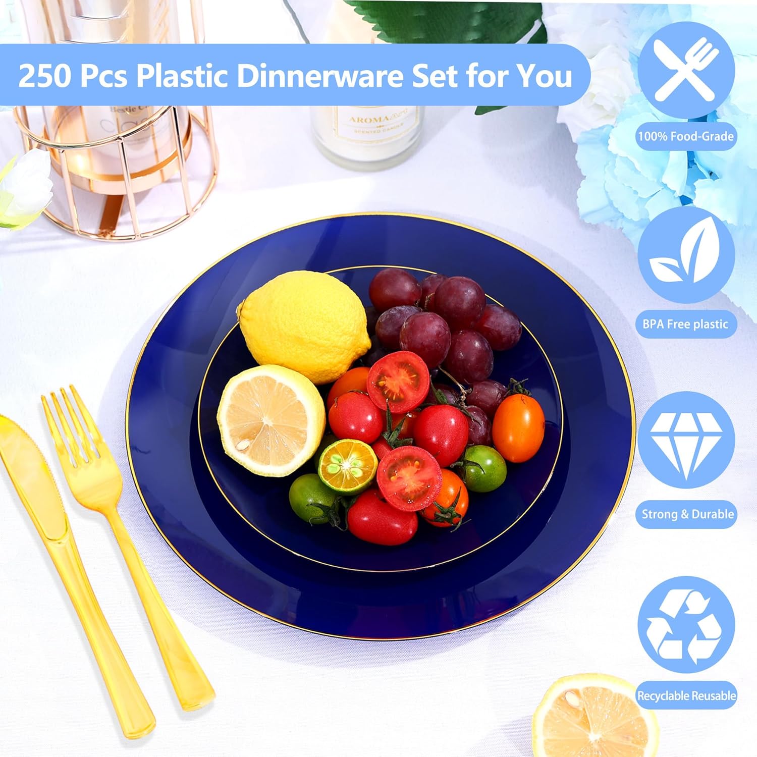250PCS Blue and Gold Plastic Plates,50 Guests Navy Blue Plastic Dinnerware Disposable for Party and Hanukkah,Include 50 Dinner Plate,50 Dessert Plate,150 Gold Silverware Set