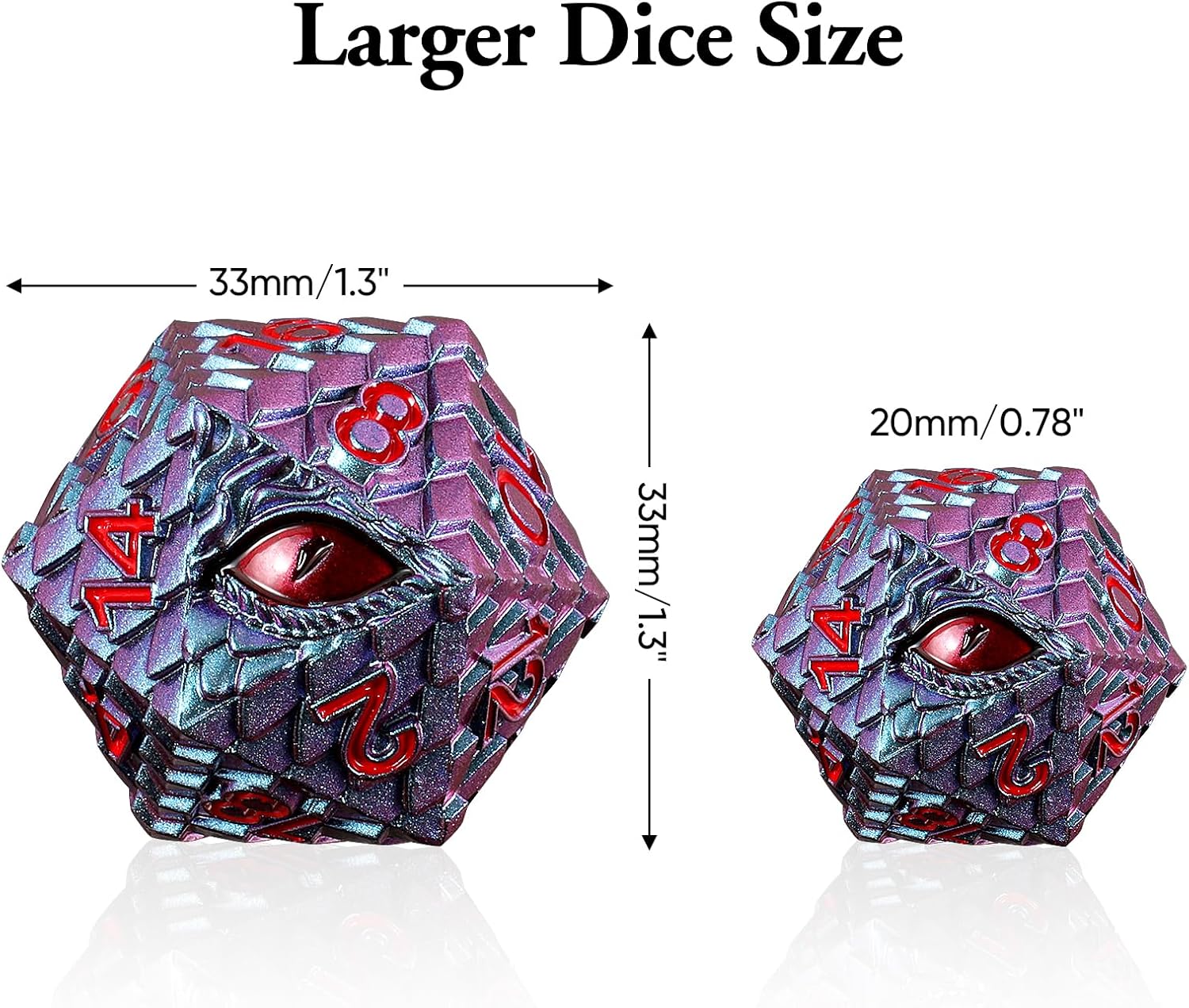 33mm Dragon Scale Dice,Dragon Eye Metal Dice with Gift Metal Box for TTRPG Tabletop Gaming,Dungeon Masters,RPG Adventures(Blue Purple & Red Eye)