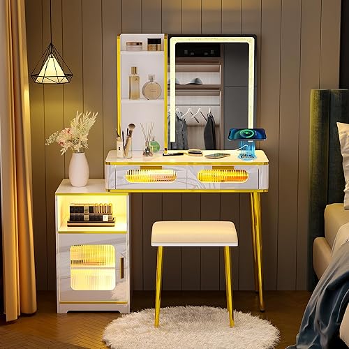 Miniatura 7 de HNEBC Escritorio de tocador con espejo y luces, juego de tocador blanco con USB B & tipo C y carga inalámbrica, tocador de maquillaje con