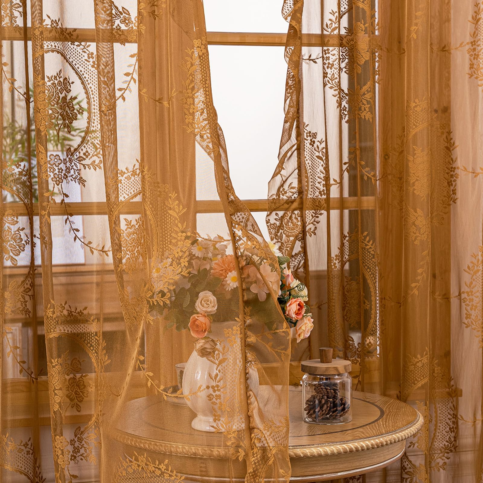 LOHUT Bronze Gold Lace Curtains for Living Room, 55x102 Inch 2 Panels Set, Boho Sheer Curtains with Floral Lace, Vintage Floral Ring Top Grommet Curtains for Bedroom Dining Room