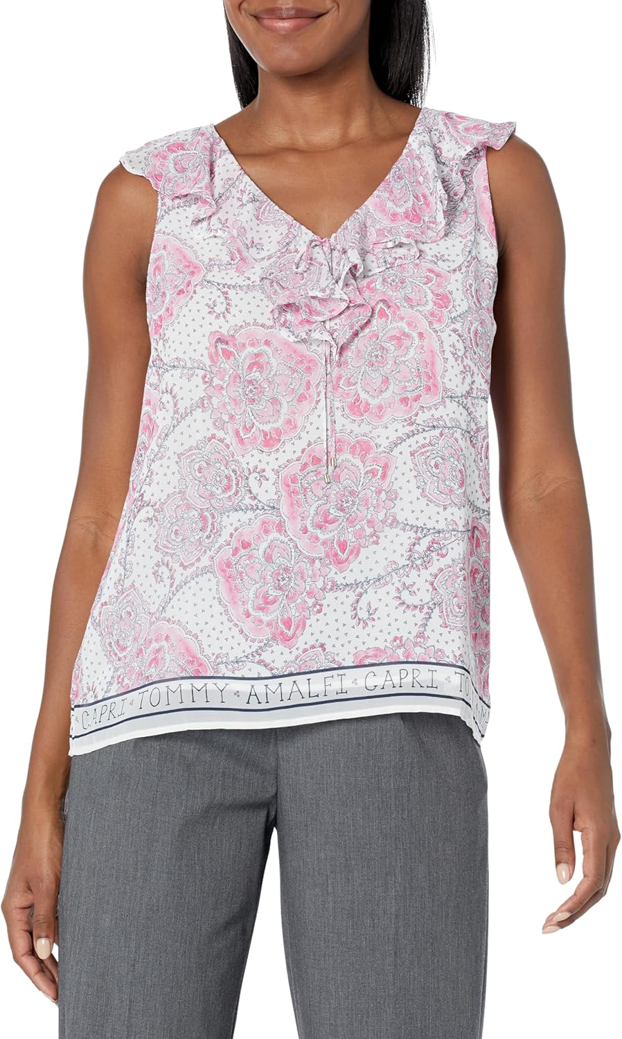 Tommy Hilfiger Women's Printed Chiffon Ruffle Vneck