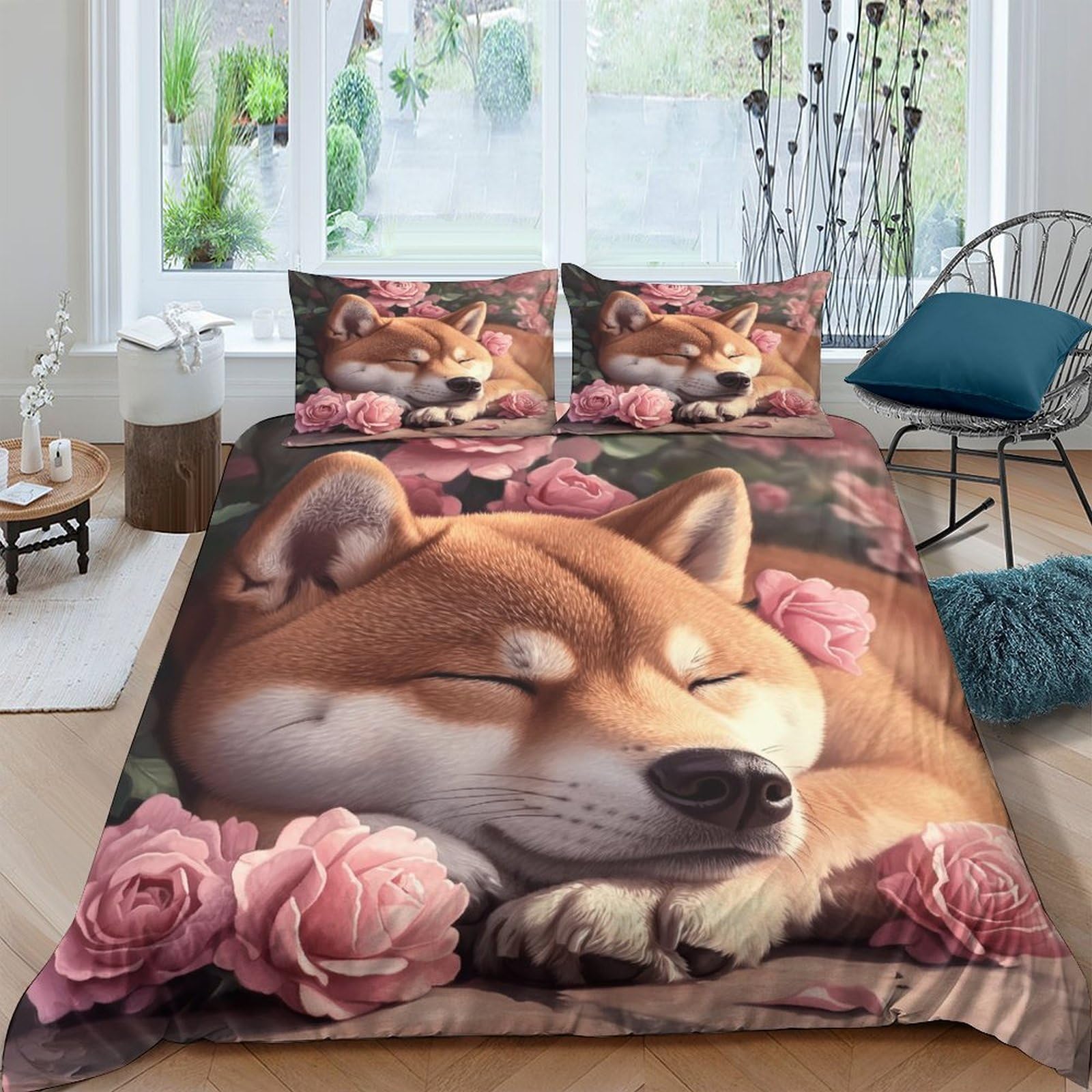 Ctjqhvkz Style-8 3D Printed Shiba Inu Flower Fitted Sheet Microfiber Brown Dog Rose Mattress Cover For Bedroom Guest Room Decor Single（135X200cm）